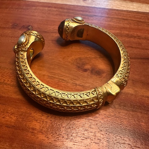 RETIRED Julie Vos Amber & Pearl Hinged Bangle Cuff Bracelet 24k Gold Plated - Picture 7 of 10